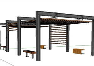 现代中式廊架及坐凳SU(草图大师)模型