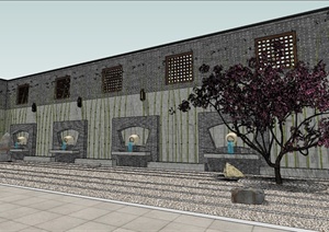 某现代中式风格庭院围墙景墙设计SU(草图大师)模型