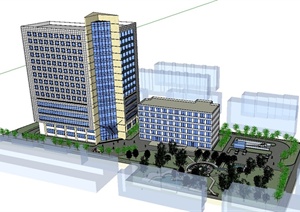 现代风格详细办公大楼及简单的景观设计SU(草图大师)模型