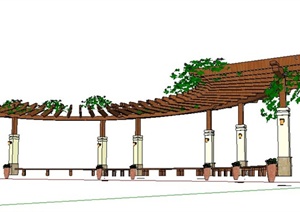 现代单边弧形木廊架设计SU(草图大师)模型