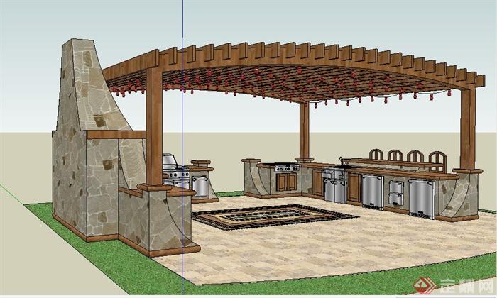 新古典风格花园厨房廊架设计su模型(3)