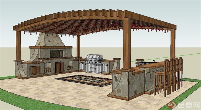 新古典风格花园厨房廊架设计su模型(2)