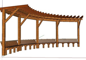 中式带靠椅木质弧形廊架SU(草图大师)模型