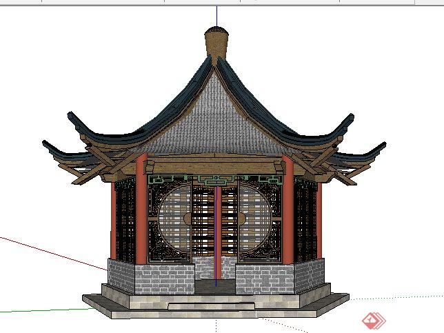 中式风格五角房亭设计su模型(2)