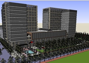 现代高层办公大楼建筑体及景观环境SU(草图大师)模型