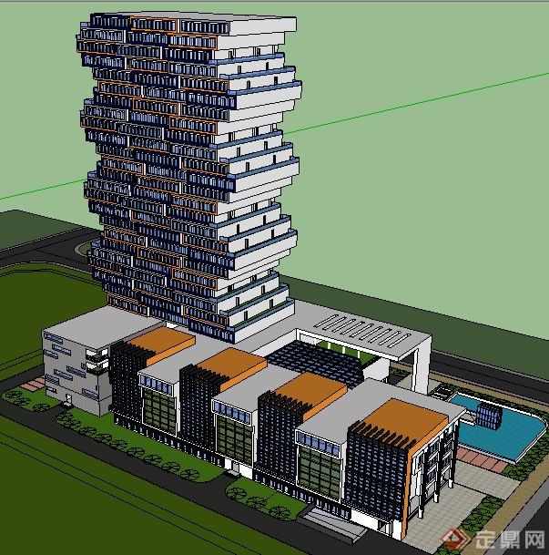 现代简约高层办公建筑su单体模型(4)