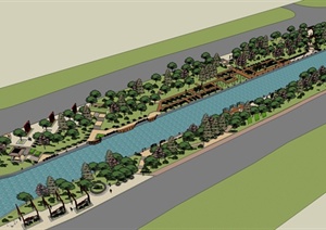 某精致现代中式风格滨河景观规划设计SU(草图大师)模型