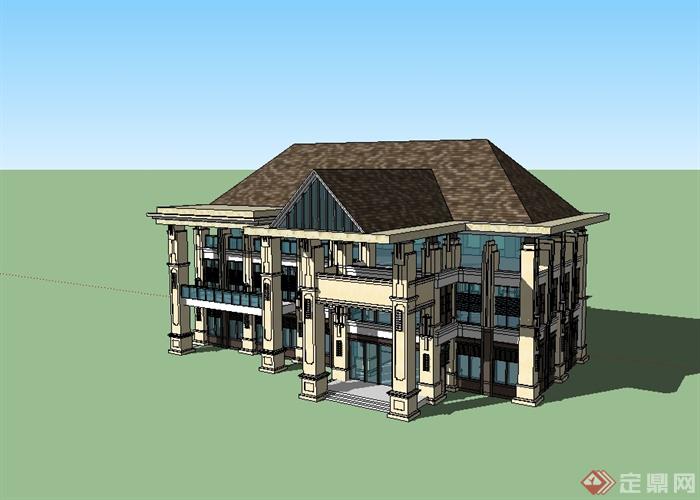 新古典风格独栋售楼部建筑设计su模型(2)