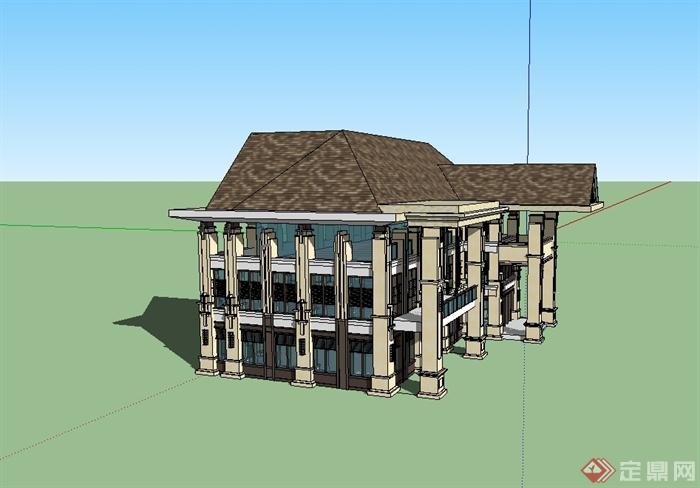 新古典风格独栋售楼部建筑设计su模型(4)