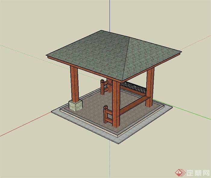 现代中式风格完整四角亭设计su模型(3)