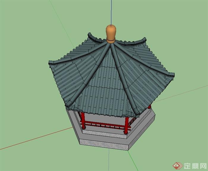 古典中式风格详细精致六角亭设计su模型(3)
