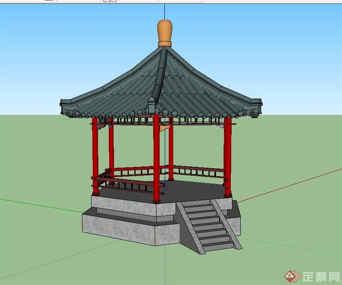 古典中式风格详细精致六角亭设计su模型(4)