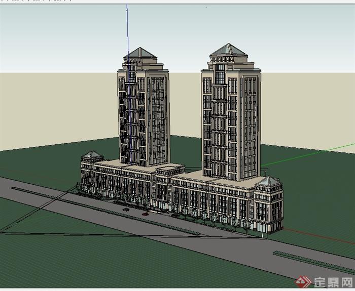 欧式风格详细高层住宅带商业建筑设计su模型(1)