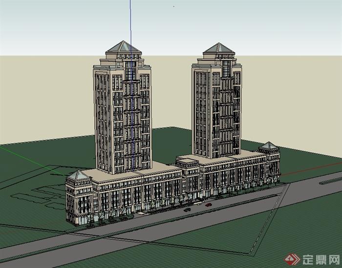 欧式风格详细高层住宅带商业建筑设计su模型(2)