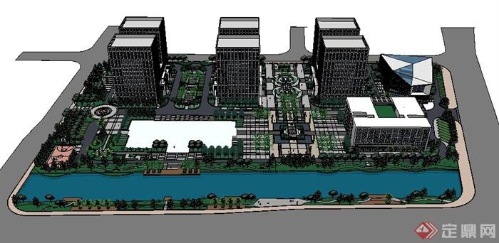 现代办公区总体建筑规划及景观环境su模型(3)