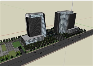 某现代风格高层街道旁边办公大楼设计SU(草图大师)模型