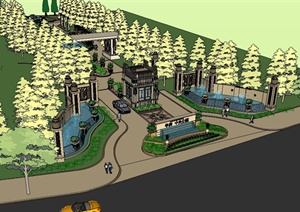 某新古典风格华润中央公园大门入口景观设计SU(草图大师)模型