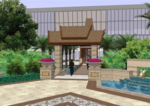 某东南亚风格详细精致的酒店环境设计SU(草图大师)模型