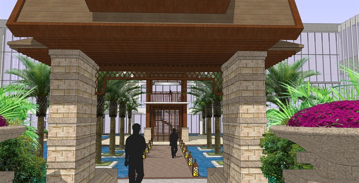 某东南亚风格详细精致的酒店环境设计su模型