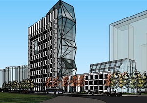 现代高层办公楼建筑及景观环境SU(草图大师)模型