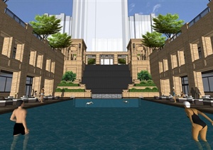 某精细欧式风格会所建筑设计SU(草图大师)模型含泳池景观