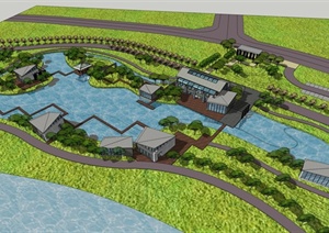 某现代中式风格滨水度假会所建筑及景观设计SU(草图大师)模型