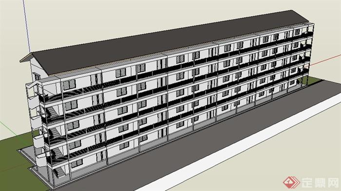 简约现代五层廉租房公寓建筑设计su模型(3)