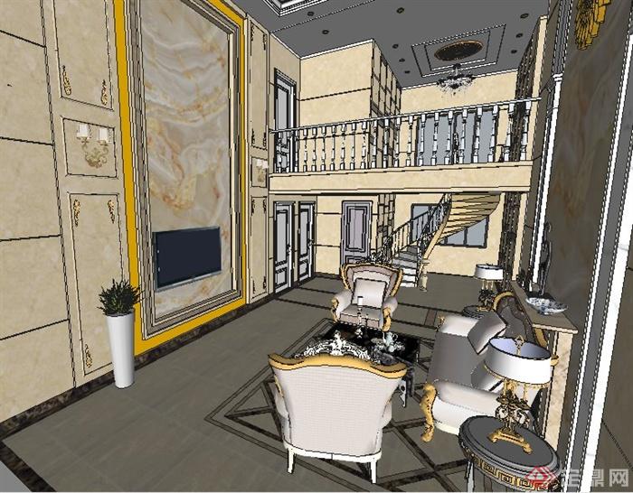 欧式风格别墅客厅室内装修su模型（ 带效果图）(3)