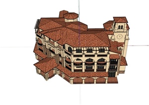 西班牙风格小酒店建筑楼设计SU(草图大师)模型