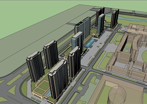 现代高层商业办公楼及住宅楼综合设计SU(草图大师)模型