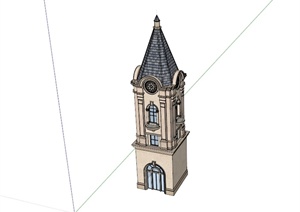 某法式风格详细塔楼建筑设计SU(草图大师)模型