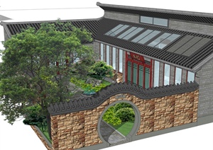 某现代中式风格详细示范小院建筑设计SU(草图大师)模型