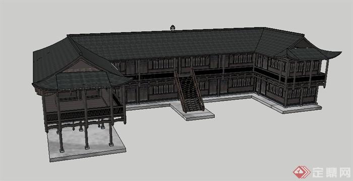 中式二层土家民宿建筑设计su模型(4)