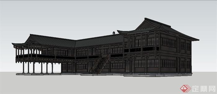 中式二层土家民宿建筑设计su模型(2)