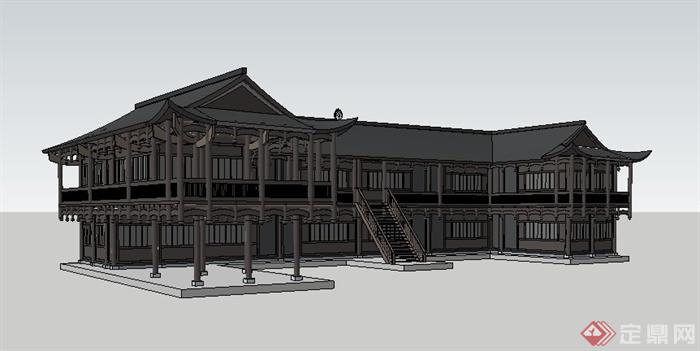 中式二层土家民宿建筑设计su模型(3)