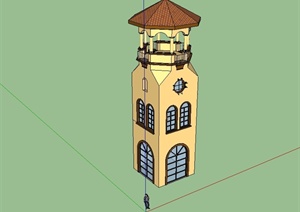 某西班牙风格详细塔楼建筑设计SU(草图大师)模型