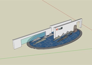 某现代风格椭圆形水池及景墙设计SU(草图大师)模型
