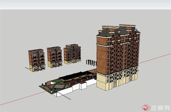 某欧式风格详细小区入口及住宅楼建筑设计su模型(3)