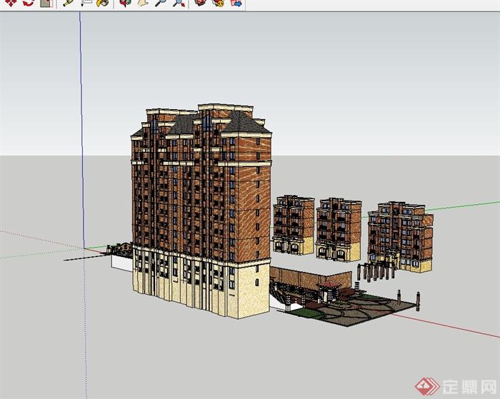 某欧式风格详细小区入口及住宅楼建筑设计su模型(2)