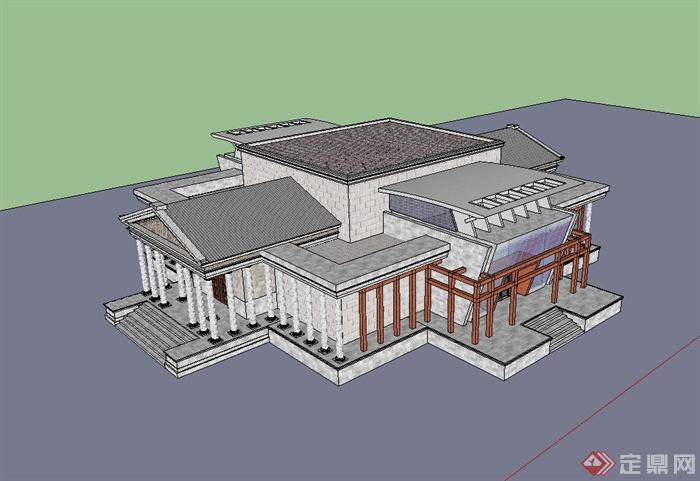 现代中式风格独特详细博物馆建筑设计su模型(3)