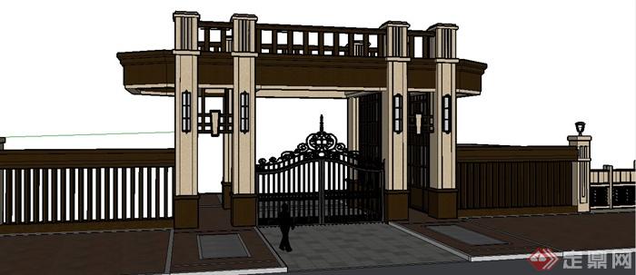 新古典风格入口大门及围墙组合su模型(1)