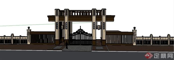 新古典风格入口大门及围墙组合su模型(2)