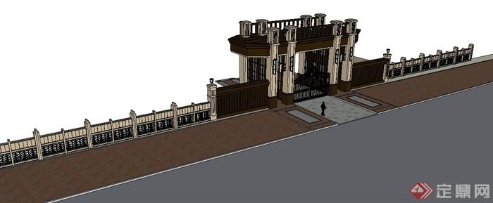 新古典风格入口大门及围墙组合su模型(3)