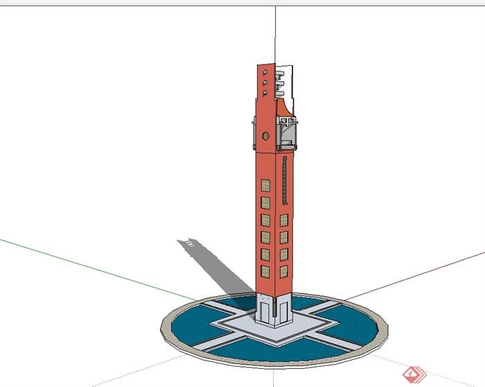某现代风格大学新区钟楼设计su模型(3)