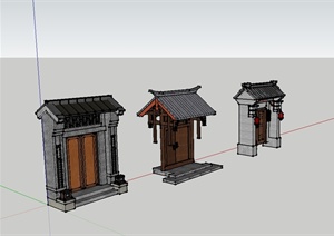 现代中式风格三种四合院住宅门设计SU(草图大师)模型