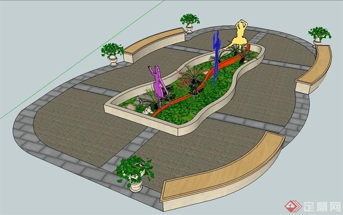 现代种植池、花钵、坐凳su组合模型(1)