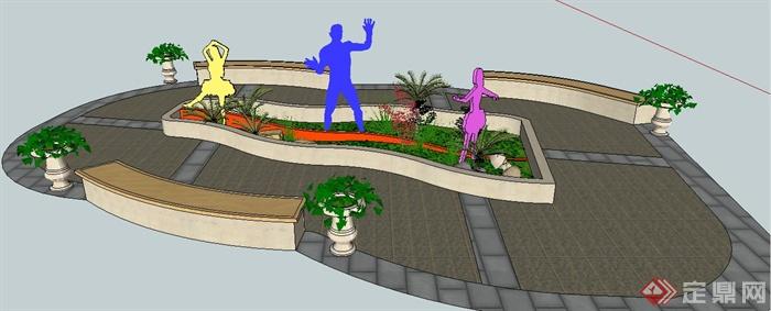 现代种植池、花钵、坐凳su组合模型(3)