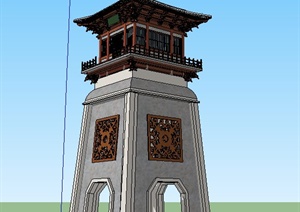 中式四角塔楼设计SU(草图大师)模型