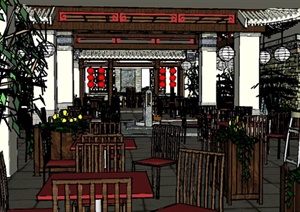 某现代中式风格餐饮空间详细设计SU(草图大师)模型