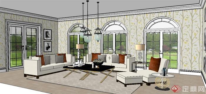 简约古典客厅室内装修设计su模型(2)